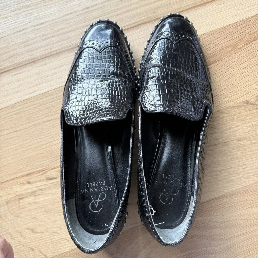 Adriana Papell Paloma Slip On Loafers Black Croc Embossed Leather Sz 8